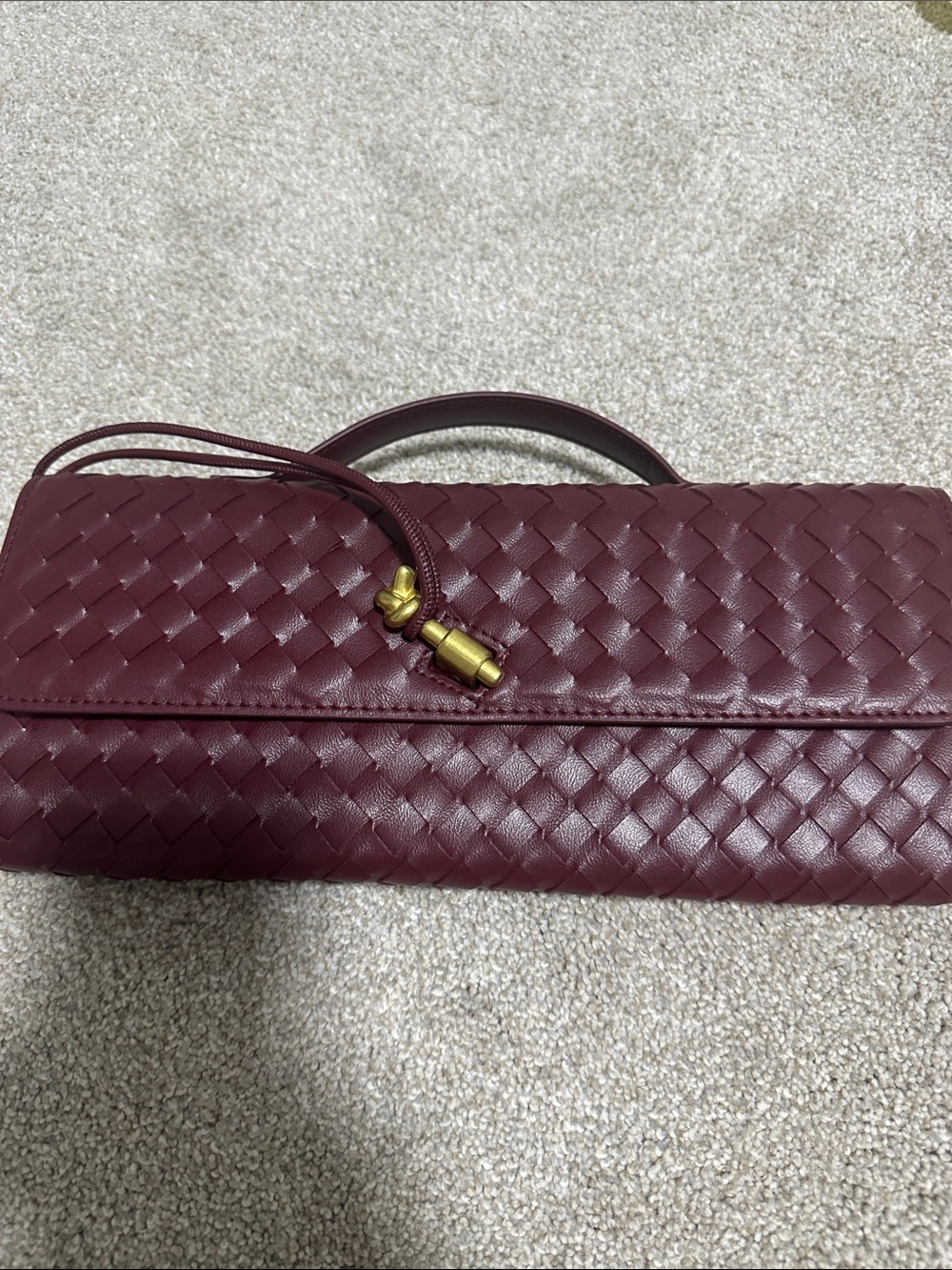 Woven Leather Burgundy Top-Handle Clutch
